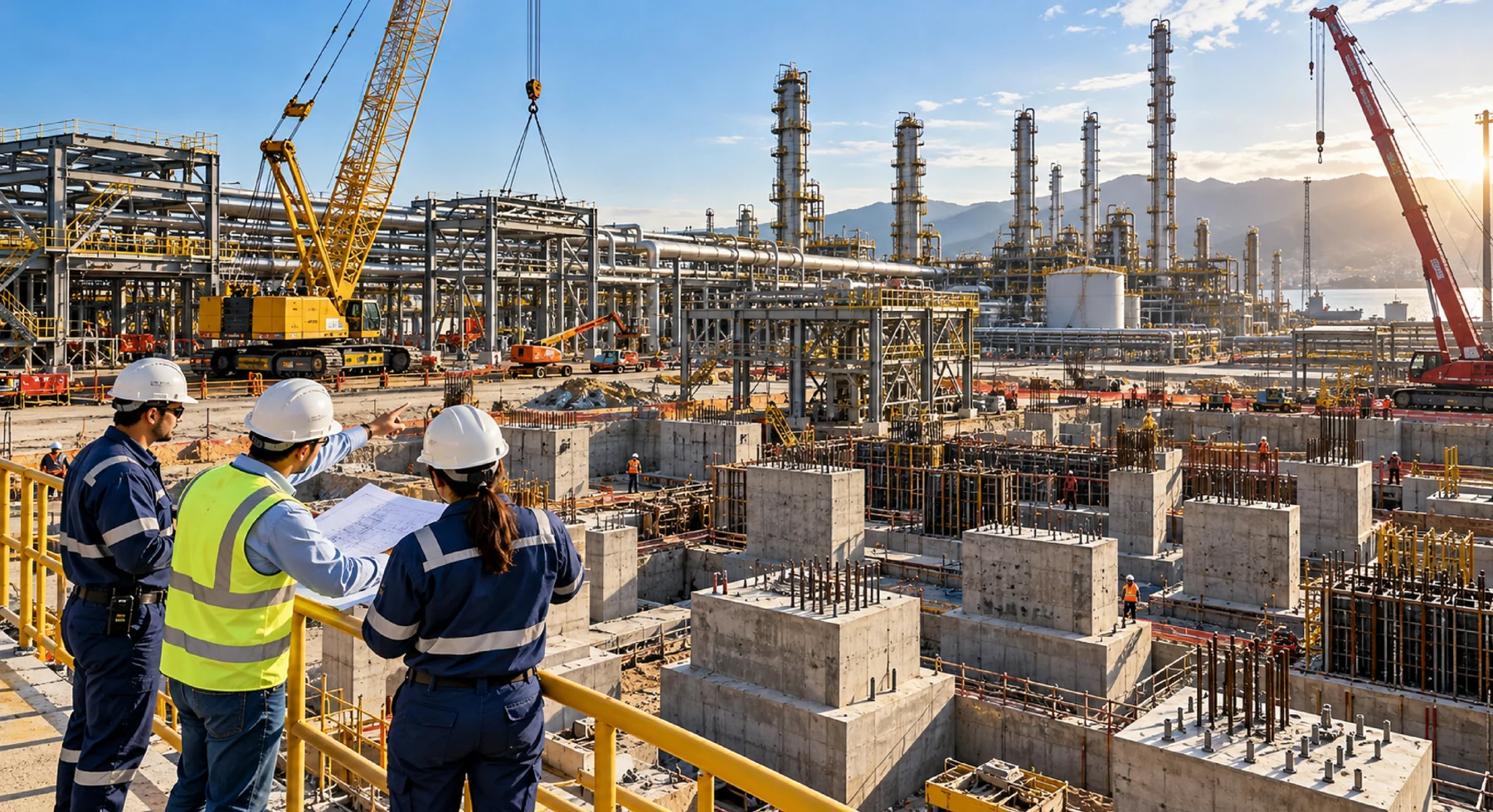 Equipo de ingeniería revisando planos en obra