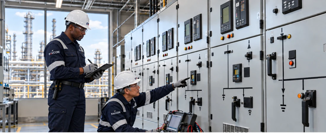 Técnicos revisando tableros en sala eléctrica